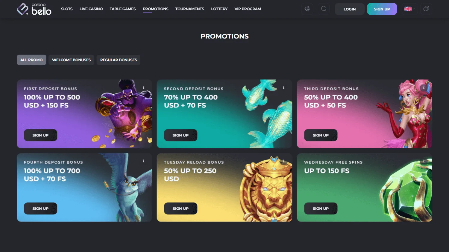 Casino Bello desktop promotions area with welcome and ongoing casino offers