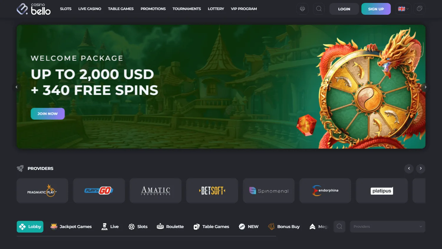Casino Bello desktop home screen with the casino welcome offer and main playing areas