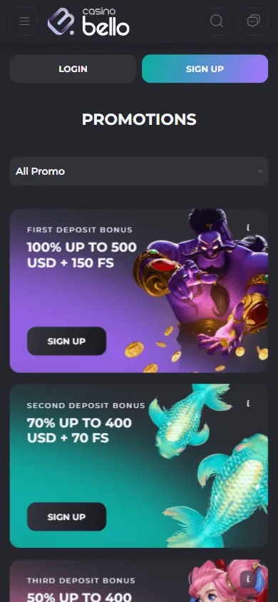 Casino Bello mobile promotions area with welcome and recurring casino offers