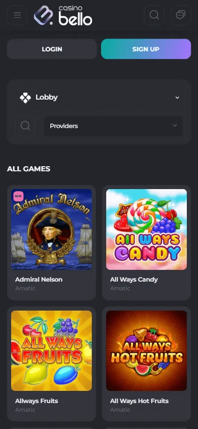 Casino Bello mobile games area with casino categories and titles