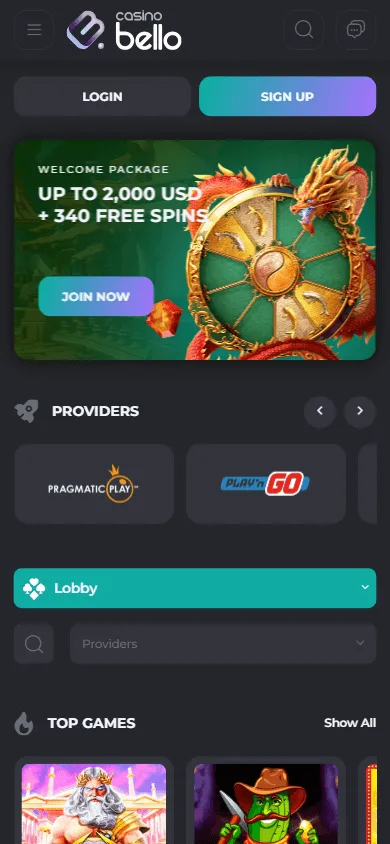 Casino Bello mobile browser home screen with the casino welcome offer