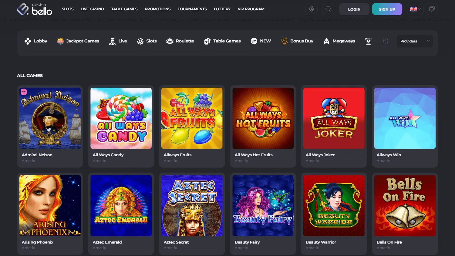 Casino Bello desktop games area with casino categories and game titles
